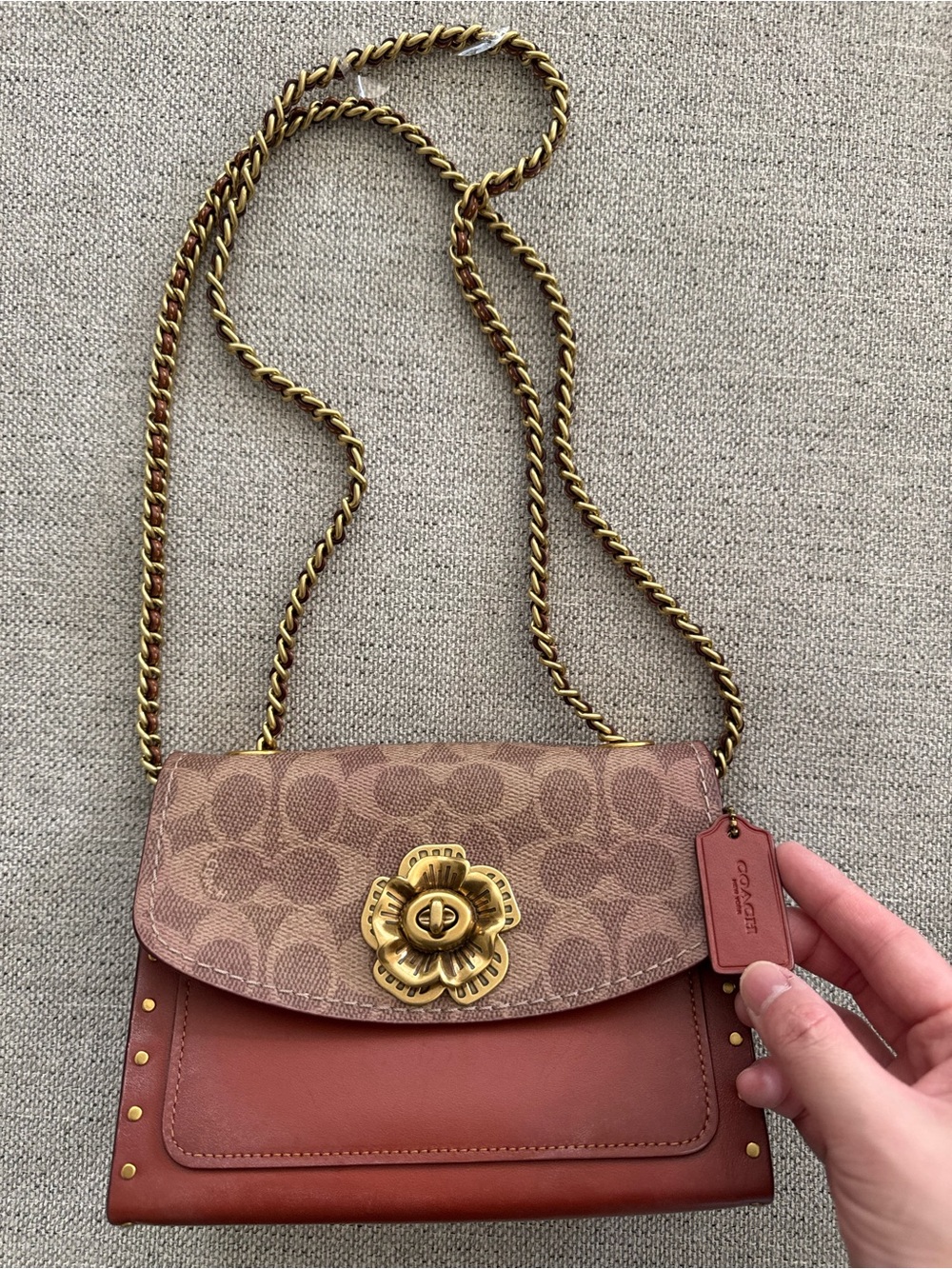 Coach Floral Turnlock Shoulder Bag in Rust and Signature Canvas